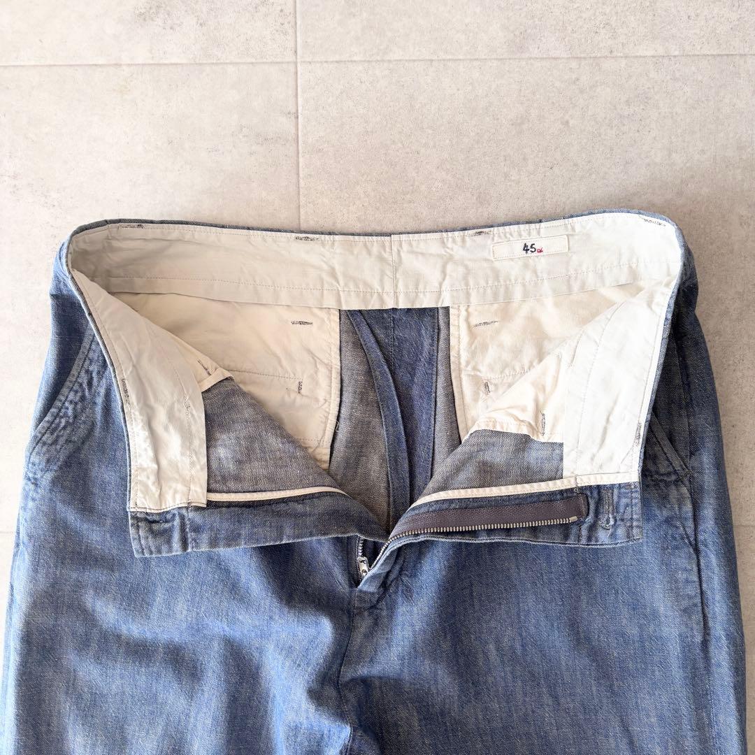45R ダンガリーデニムバックリワイドパンツ 3 藍色 刺繍 貝ボタン