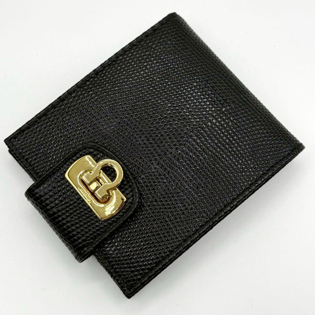 【未使用品】フェラガモ 折り財布 ガンチーニ リザード型押し ゴールド金具 黒