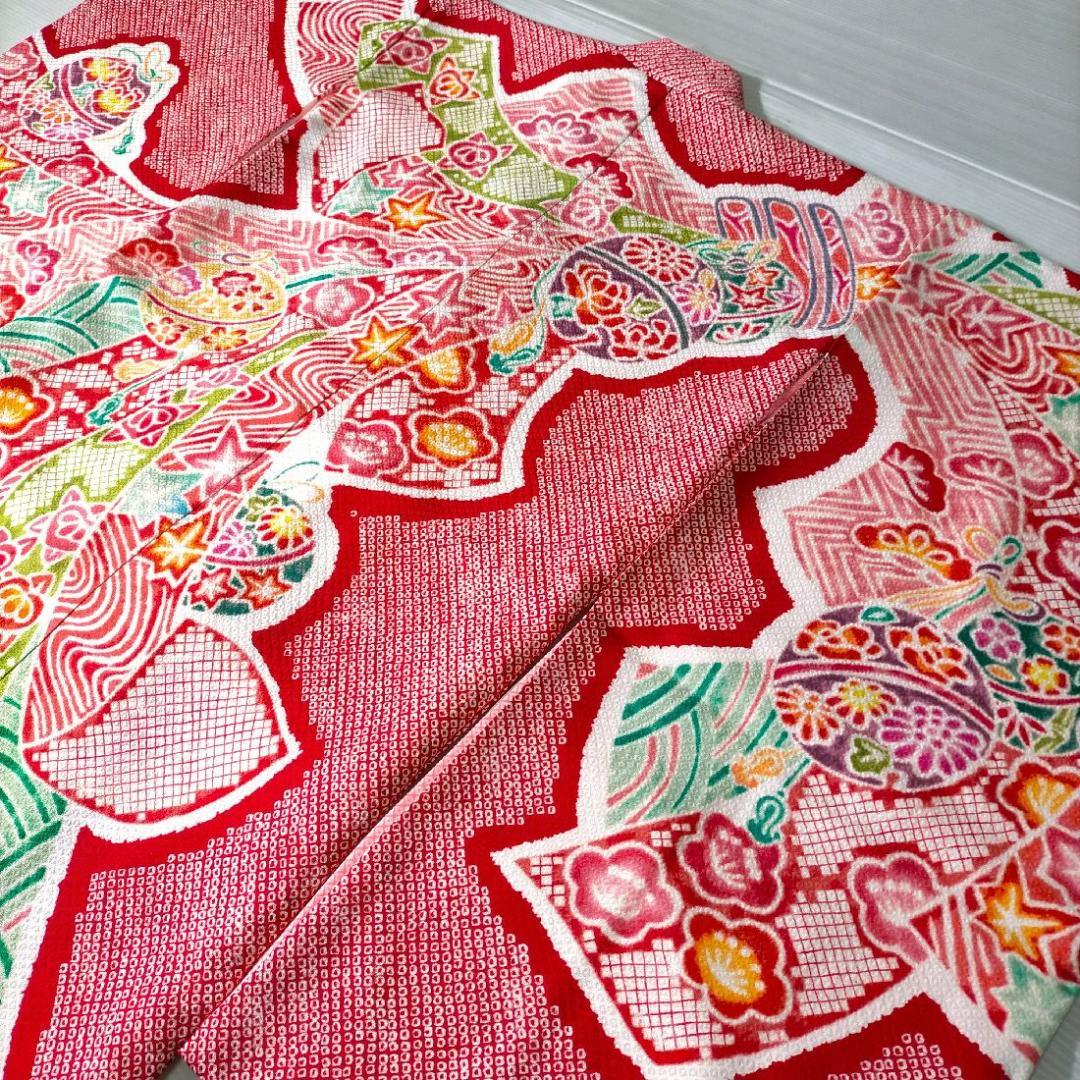 七五三 753 着物 七歳 正絹四つ身着物 夾纈絞り 日本製 新品 k4131t