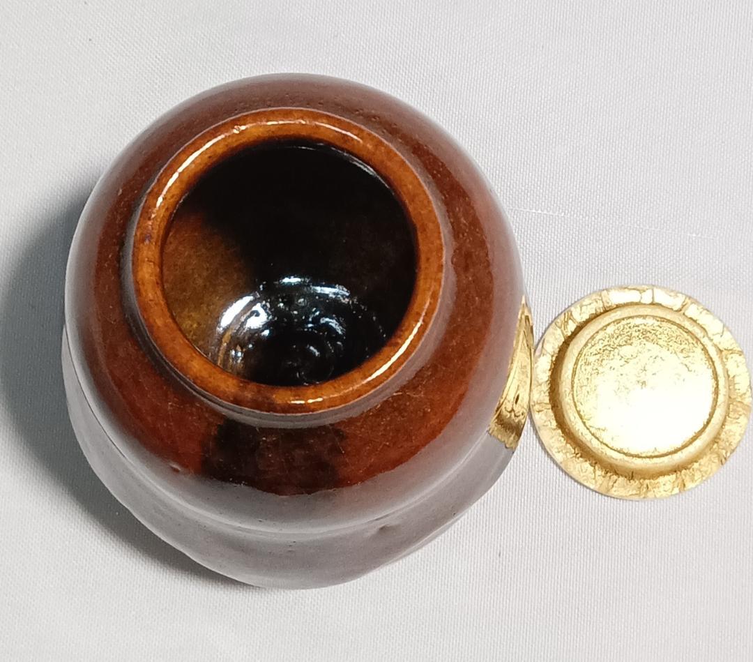 茶道具　大樋焼茶入　大樋定子作　大樋焼飴釉瓢型茶入　宗薫緞子仕覆　美品！！