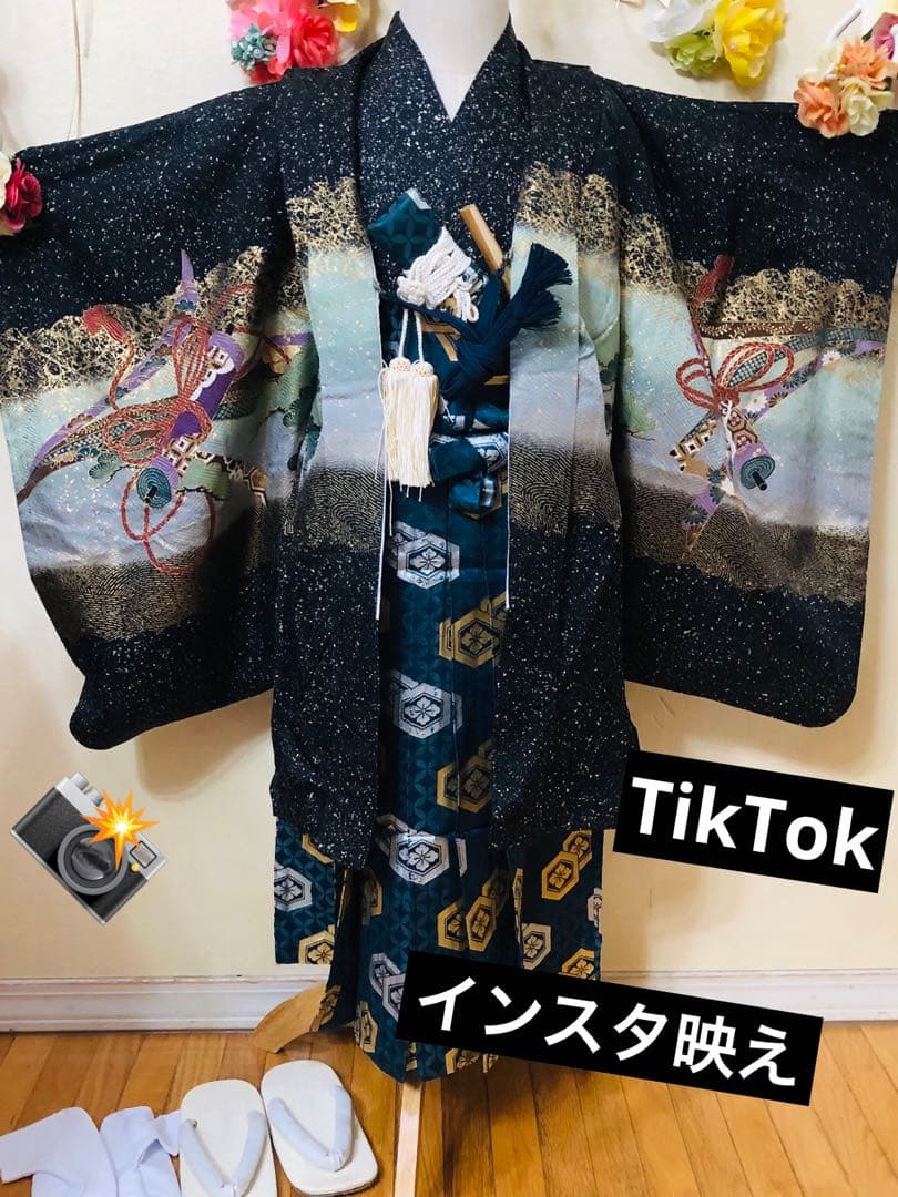 七五三 五歳‼️正絹豪華絢爛黒地金箔ラメキラキラ鷹巻物金彩‼️完全フルセット 揃える