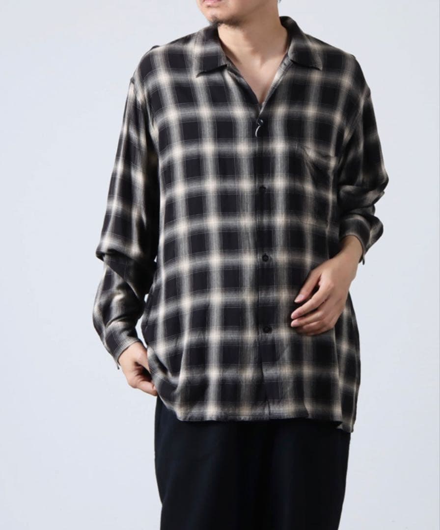 comoli レーヨンオープンカラーチェックシャツ