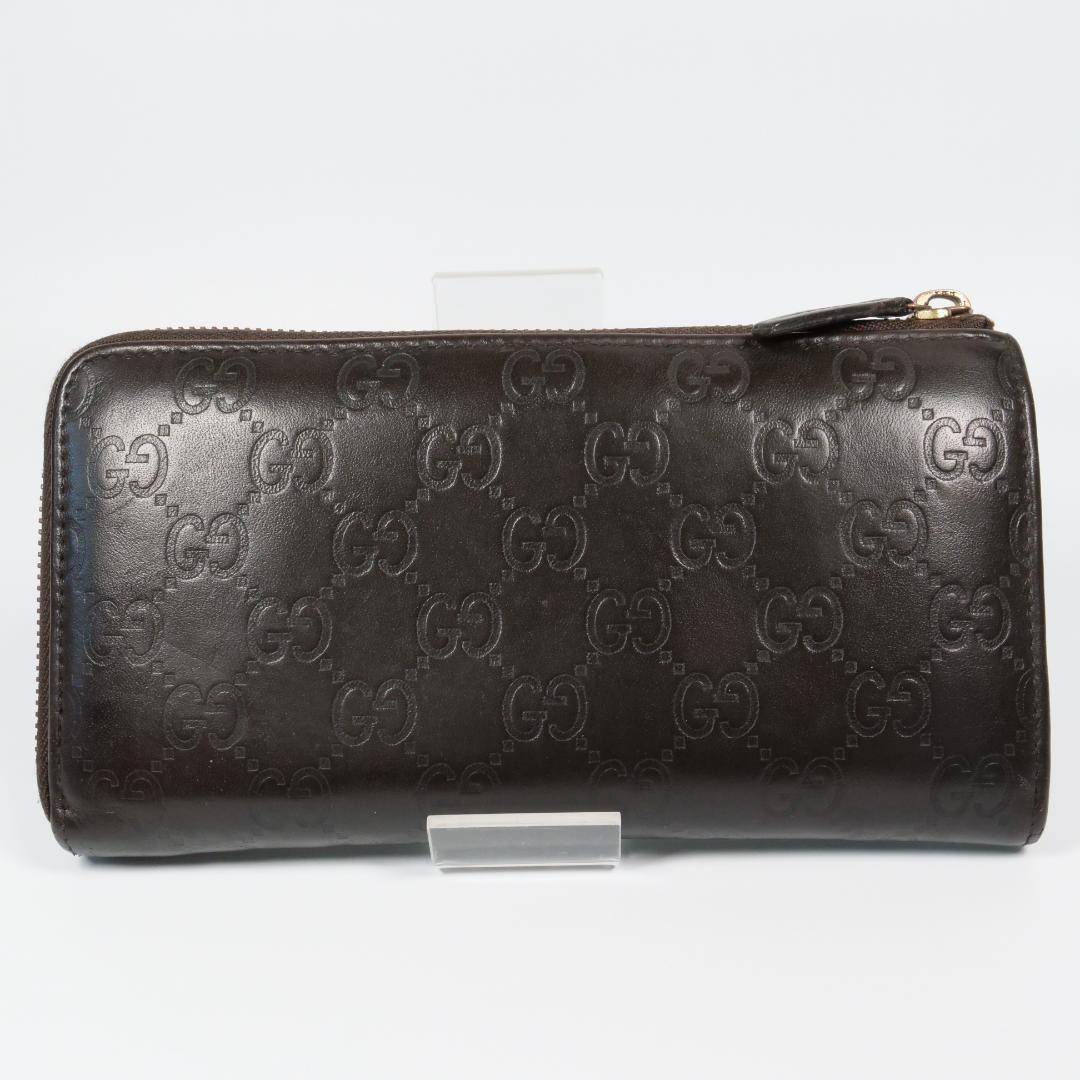 美品✨グッチ 長財布 シマ レザー GG柄 L字ファスナー ダークブラウン
