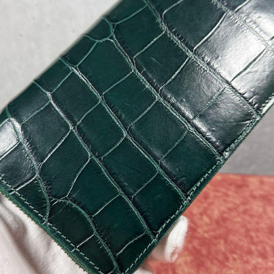 新品 クロコダイル 長財布 ダークグリーン 本革 ワニ革 シルバーファスナー