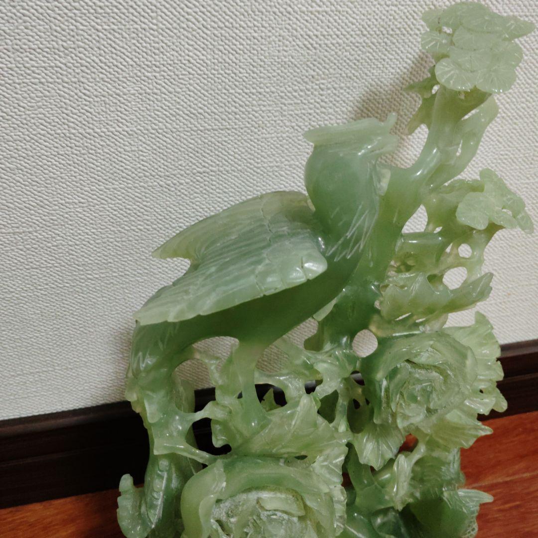 翡翠製 鳥と花の彫刻 約30cm