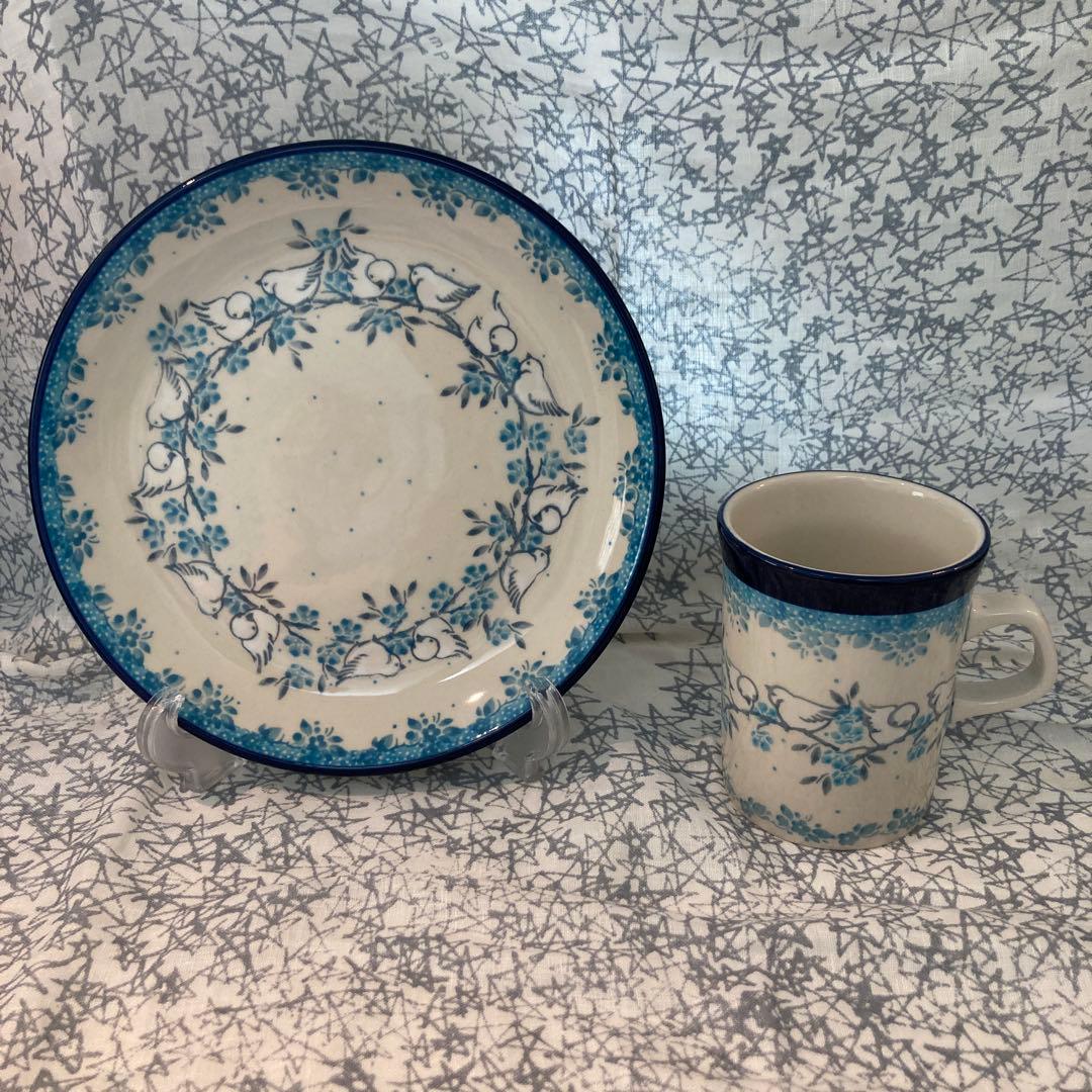 ポーリッシュポタリー　ポーランド食器　白い小鳥柄　20cmプレート　マグカップ