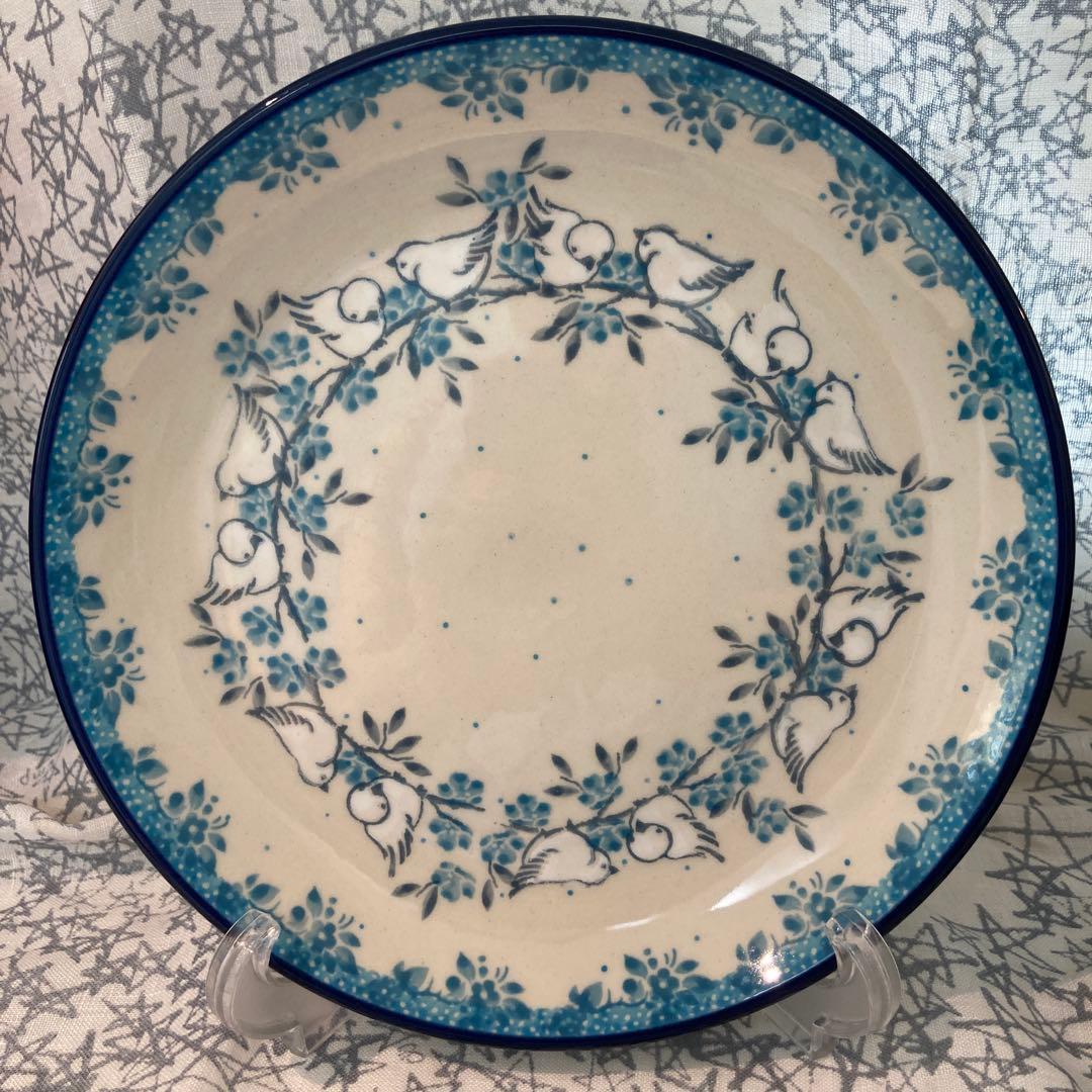 ポーリッシュポタリー　ポーランド食器　白い小鳥柄　20cmプレート　マグカップ