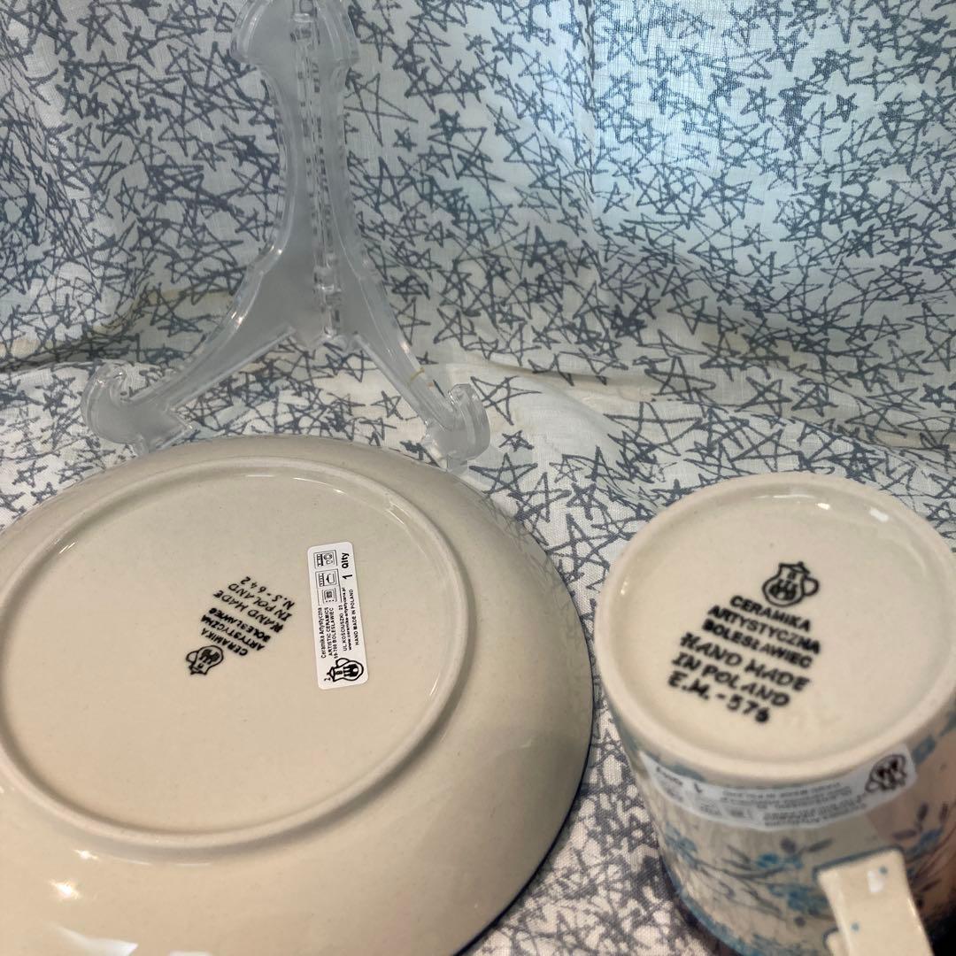 ポーリッシュポタリー　ポーランド食器　白い小鳥柄　20cmプレート　マグカップ