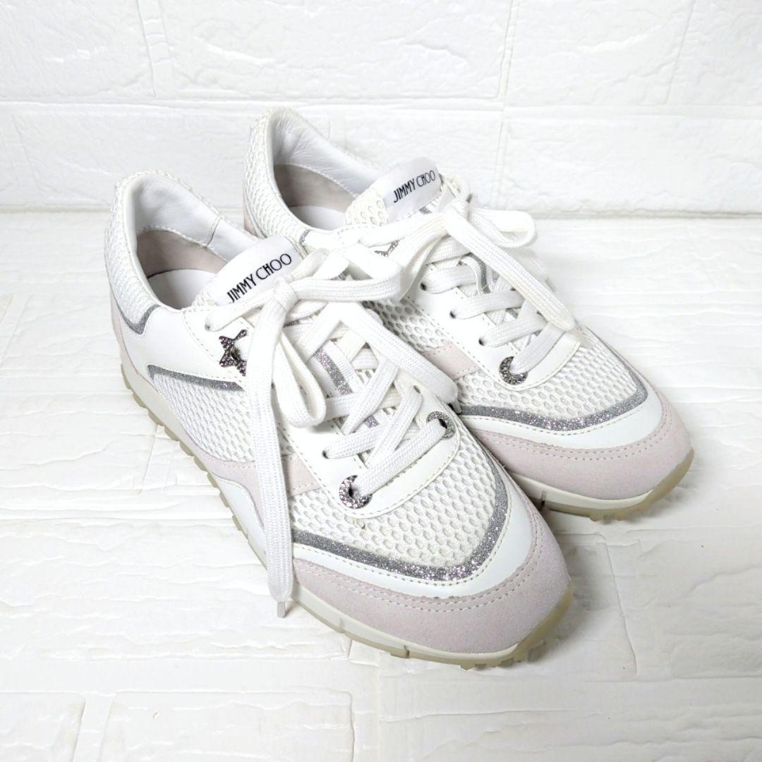 JIMMY CHOO ラインストーン メッシュローカットスニーカー 白 37.5