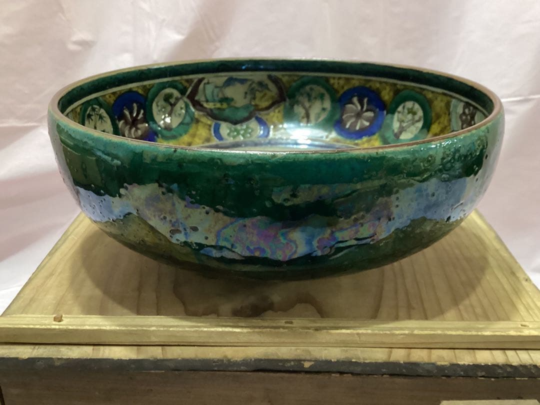 古九谷青手唐絵見付鉢　江戸時代　緑角福　獅子に牡丹紋　再興九谷　骨董　美品希少品