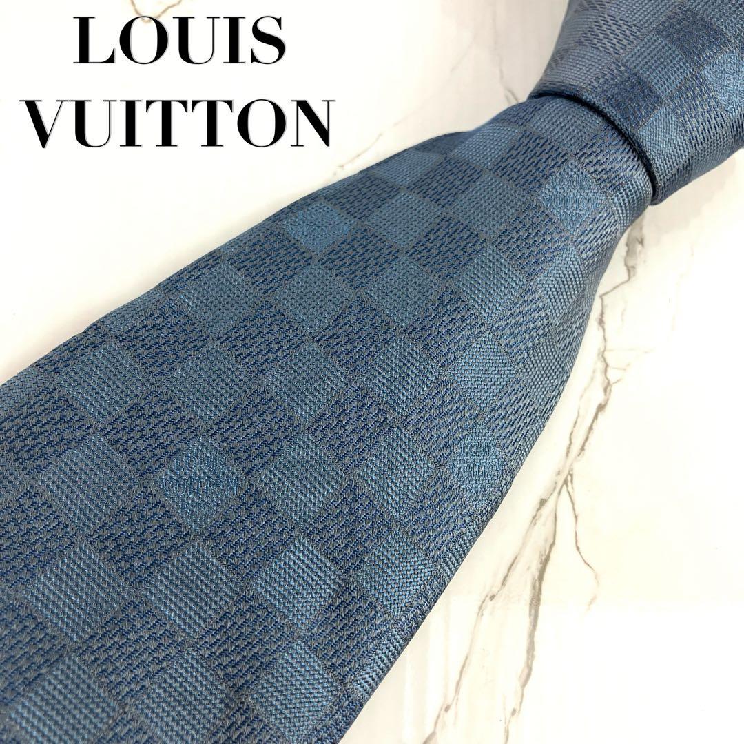 りん　美品　ルイヴィトン　ネクタイ　ダミエ　ソリッド　ジャガード　ブルーグ