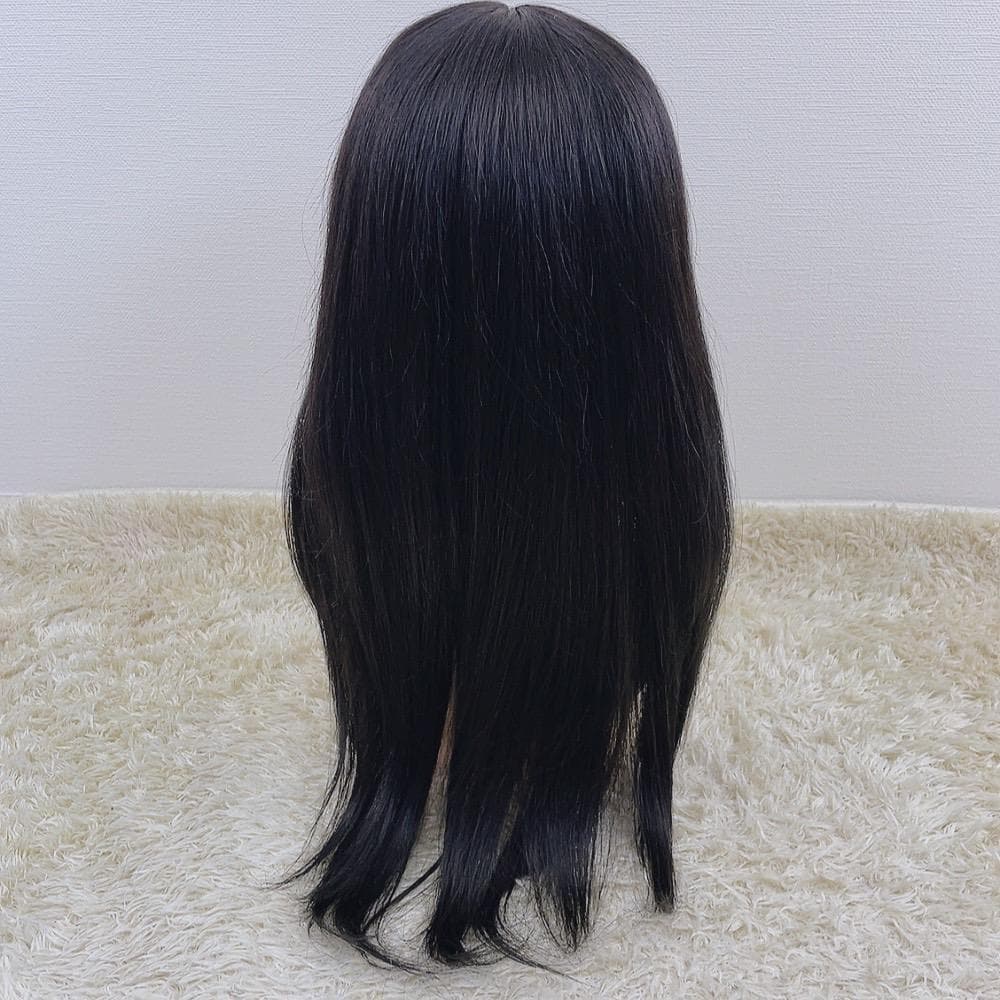 人毛100% フルウィッグ 医療用 ロング ストレート ブラック 黒髪 手縫い