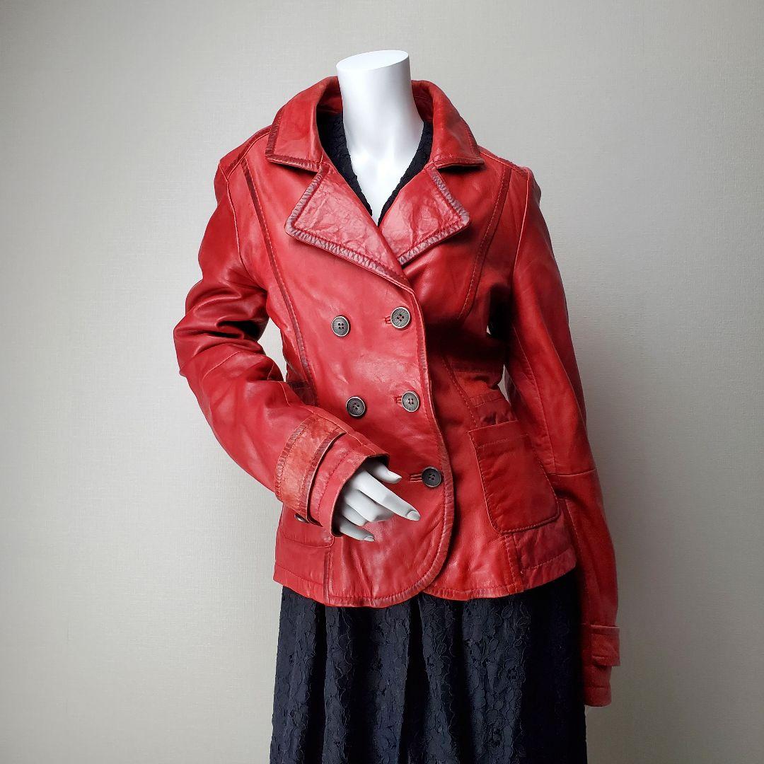 レザージャケット ラムレザー クロップド丈 ダブル 赤 本革 羊革 花柄裏地