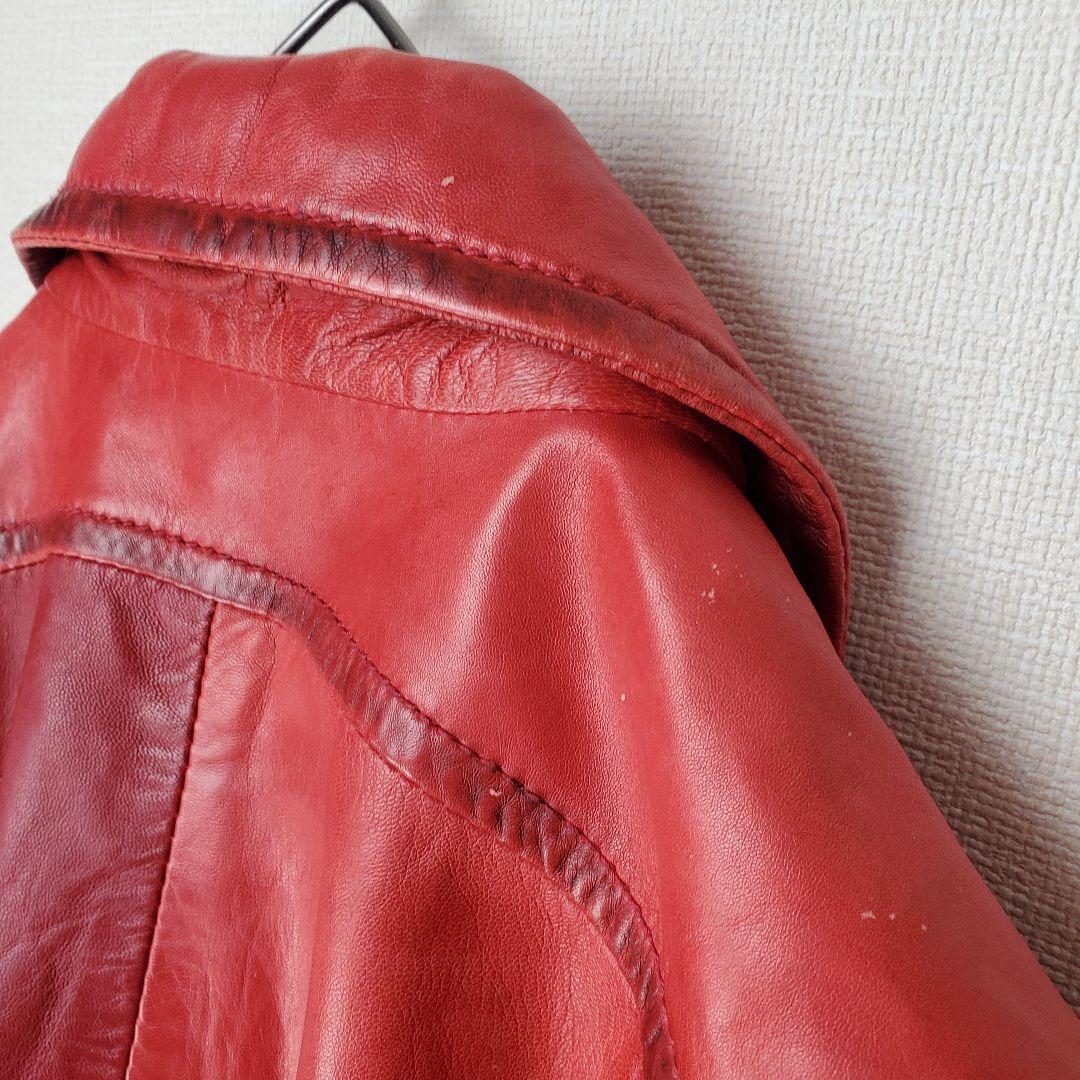 レザージャケット ラムレザー クロップド丈 ダブル 赤 本革 羊革 花柄裏地