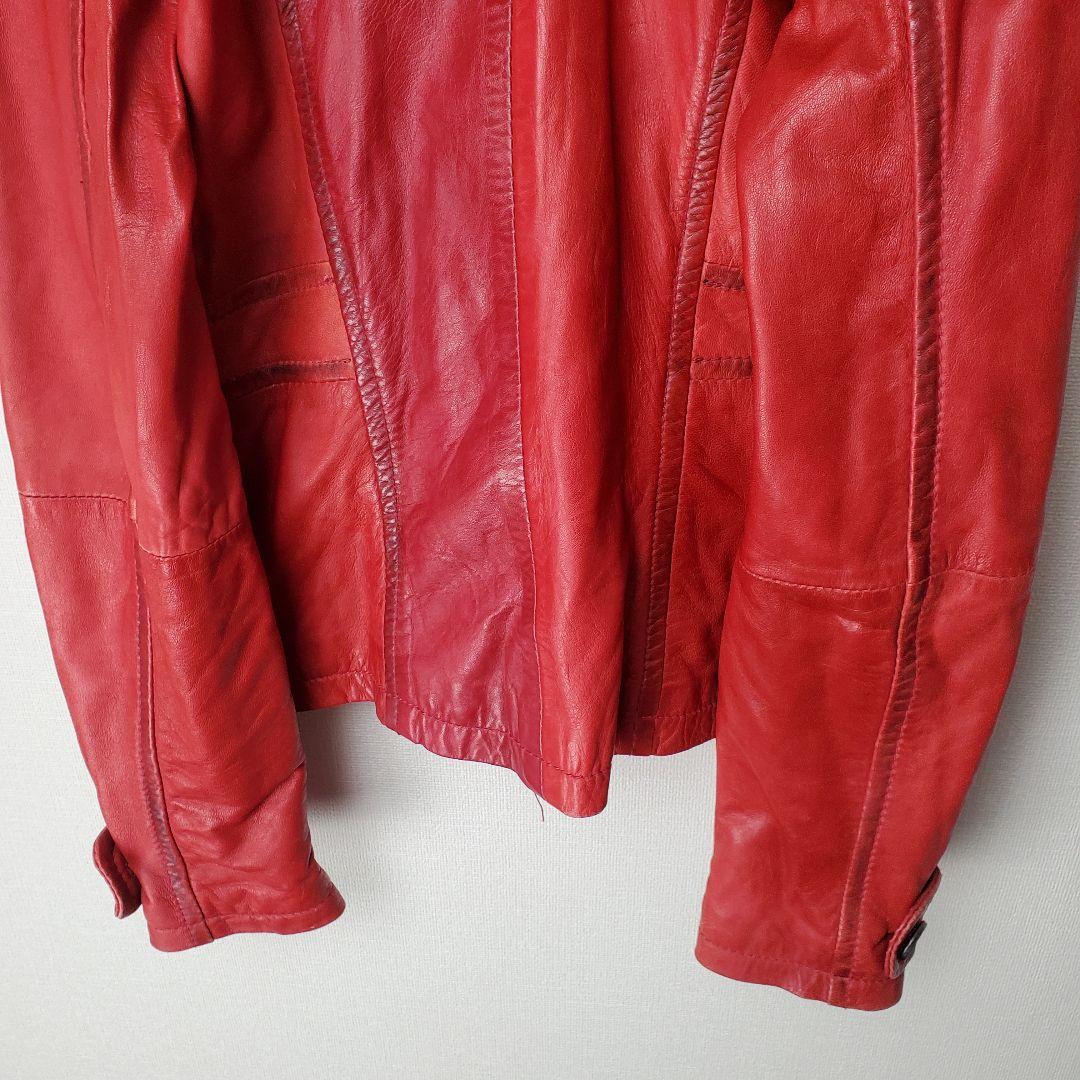 レザージャケット ラムレザー クロップド丈 ダブル 赤 本革 羊革 花柄裏地