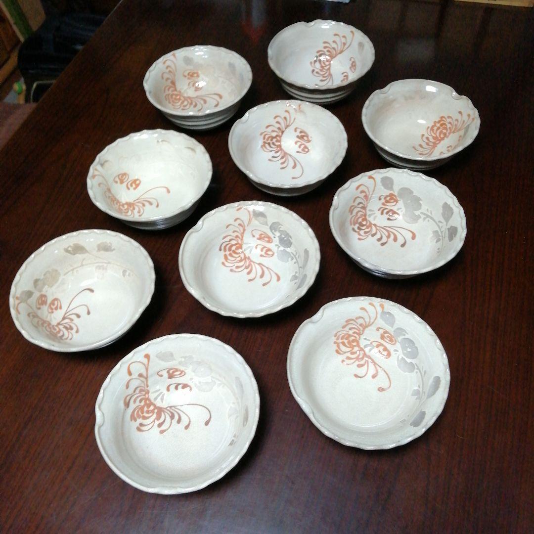 瀬戸焼　爪画御深井ひだ鉢　10客　15.5cm 明治〜大正期