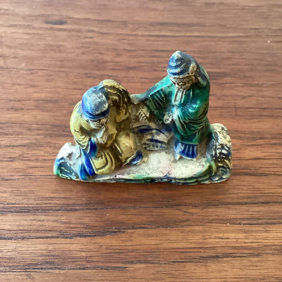 青交趾筆架　箱付　中国美術工芸品　三彩　陶磁器　中国古玩　筆置き　書道具　時代物