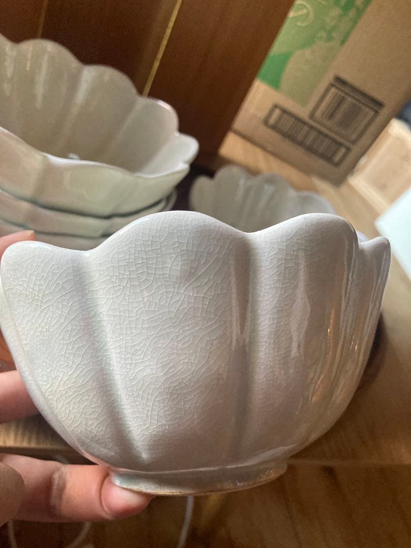 アンティーク　輪花鉢5客組セット　菊型　青磁　お茶道具？向付け鉢？煮物鉢？