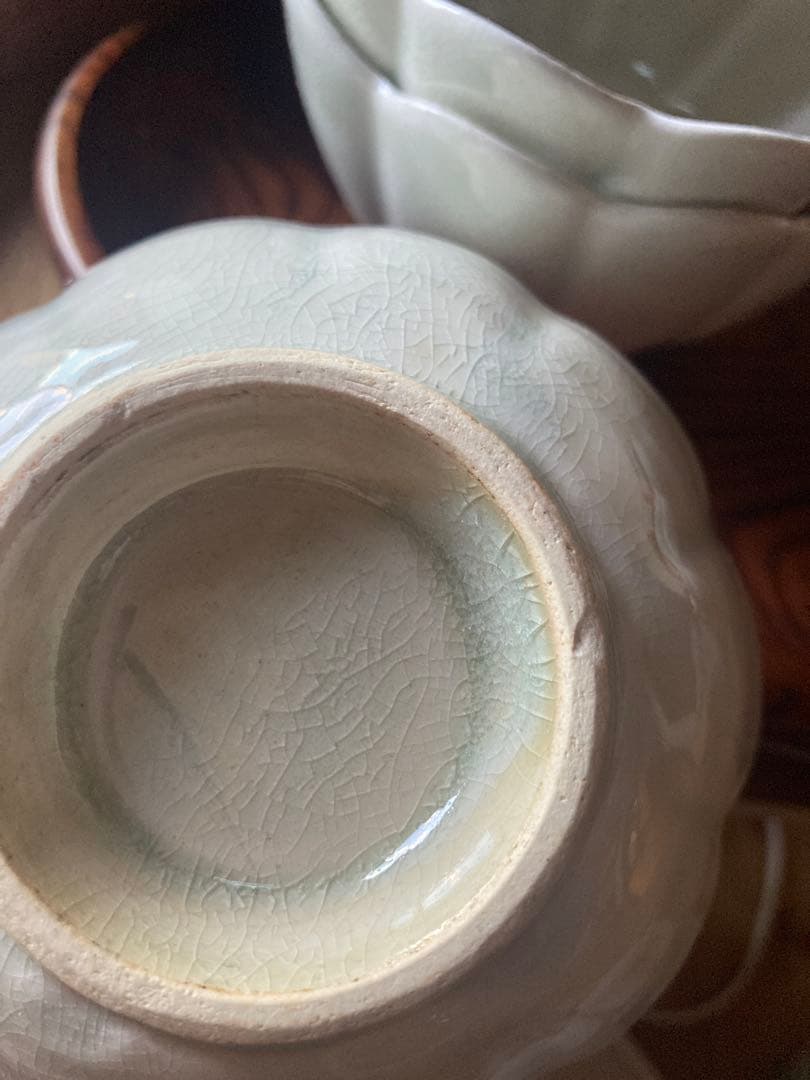 アンティーク　輪花鉢5客組セット　菊型　青磁　お茶道具？向付け鉢？煮物鉢？