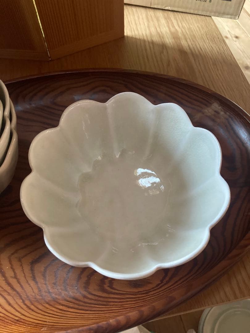 アンティーク　輪花鉢5客組セット　菊型　青磁　お茶道具？向付け鉢？煮物鉢？