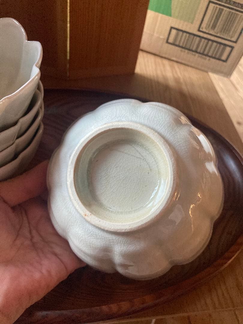 アンティーク　輪花鉢5客組セット　菊型　青磁　お茶道具？向付け鉢？煮物鉢？