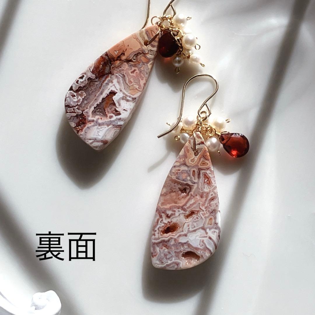 tama◆一点物✧ピンククレージーレースアゲート×ガーネットピアス