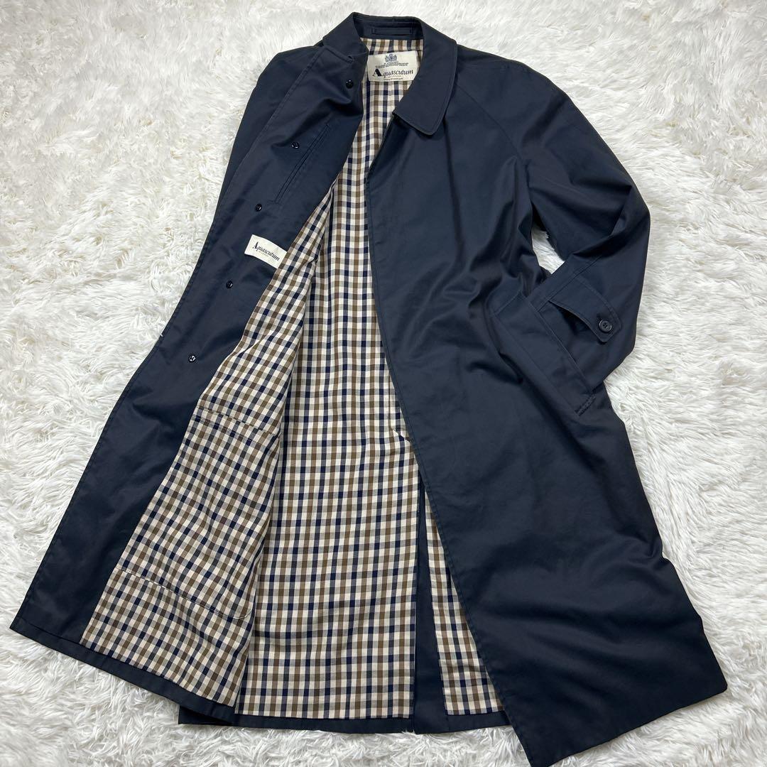 上質　英国製　アクアスキュータム　バルマカーンコート　ネイビー　チェック　比翼