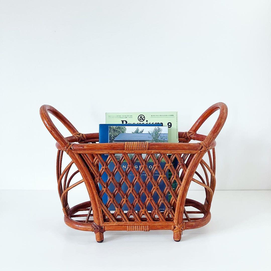 マガジンラック　ラタン　籐　小物入れ　リビング収納　古道具　古家具　ブロカント