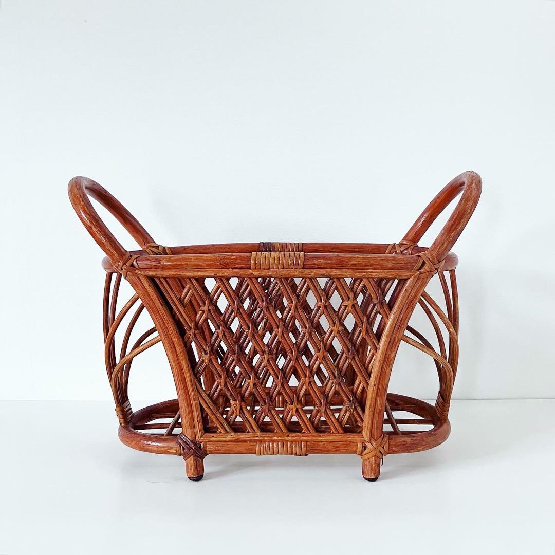 マガジンラック　ラタン　籐　小物入れ　リビング収納　古道具　古家具　ブロカント