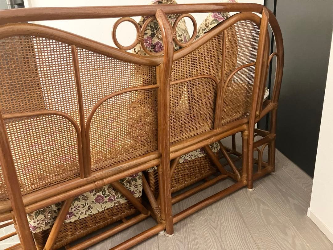 美品 ラタン ソファ ハイバックカウチ 幅120cm 昭和レトロ クッション付き