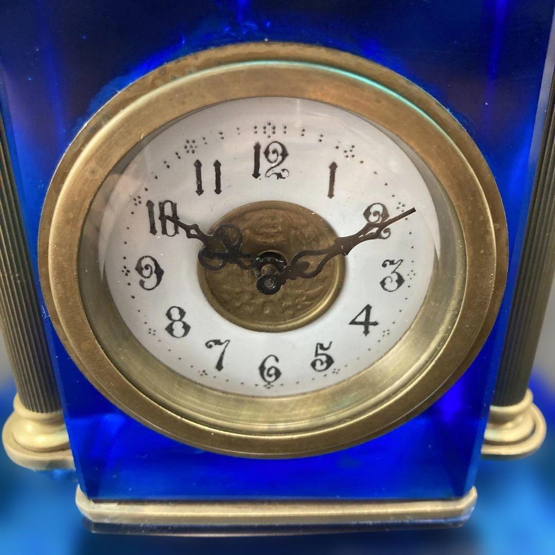 宮型置き時計 手巻き可動 瑠璃光ガラス レトロ時計