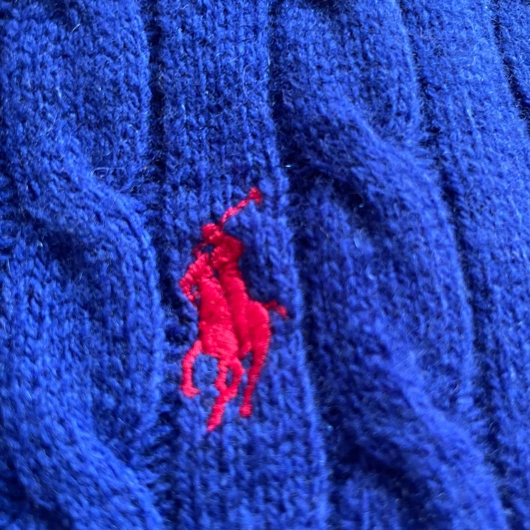 美品 ポロラルフローレン カシミヤ ケーブルニットマフラー ポニー刺繍 ブルー