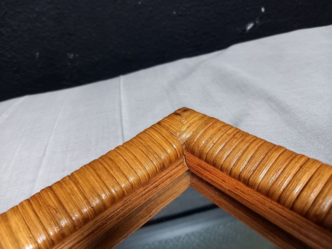 希少　1970's　フレンチ　クラシック　ラタン　フレーム　ウッド　ミラー