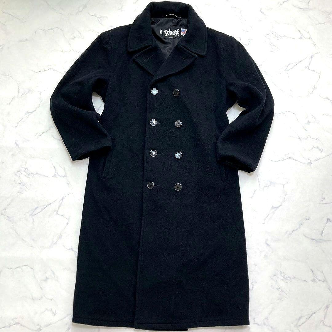 希少 Schott メルトンウール ロングコート ダブルブレスト 40 ブラック