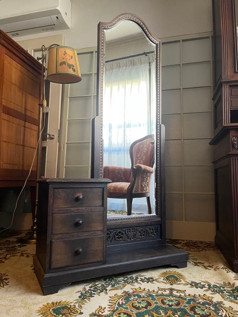 希少 大正 全身鏡 姿見 木彫り 彫刻 年代物 昭和レトロ アンティーク当時物