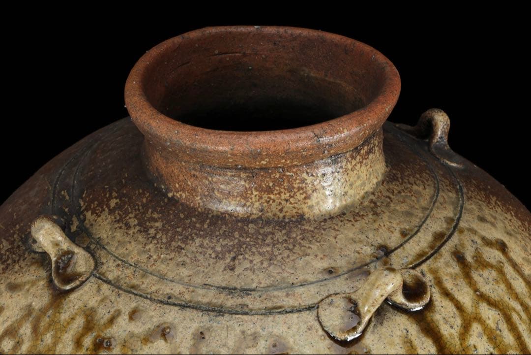 古伊賀 ビードロ自然釉 四耳大壺 47cm 壷 伊賀焼 時代物 古美術 骨董品