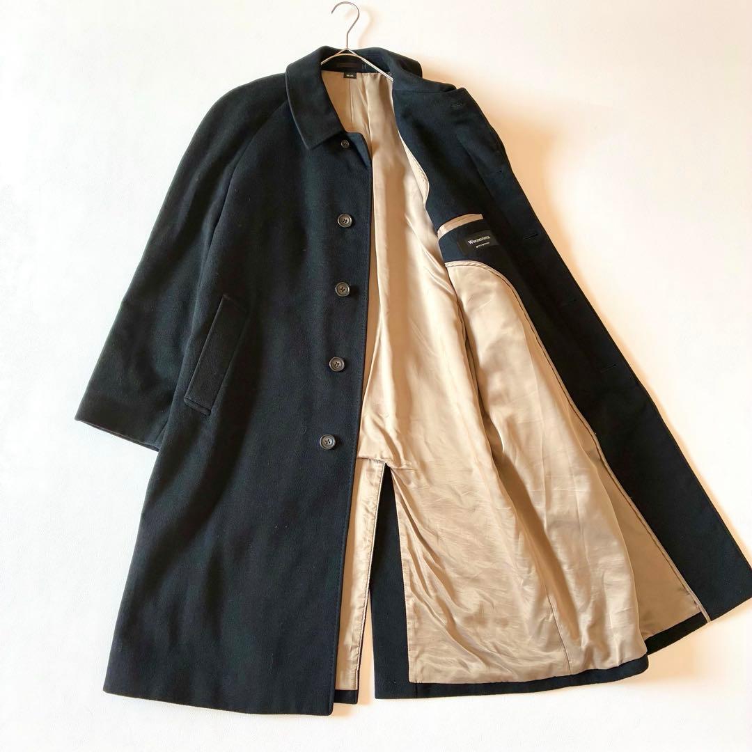 【月末限定価格】ステンカラーコート　カシミヤ100%　金裏地　比翼　ロング丈　黒