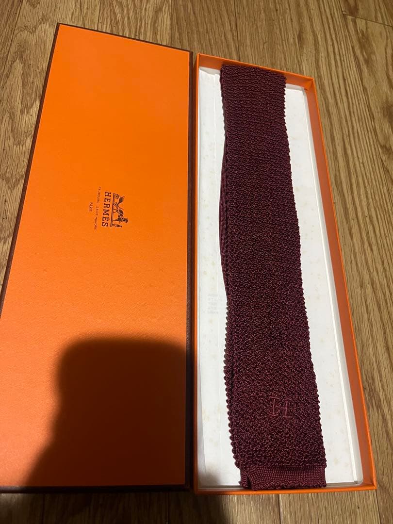 エルメス　ネクタイ　ニットタイ　ワインレッド　H柄　ウール