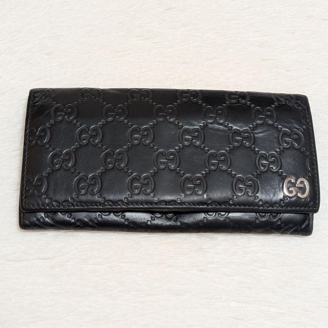 グッチ✨️長財布 GGシマ ドリアン シマレザー フラップ 黒 本革 牛革