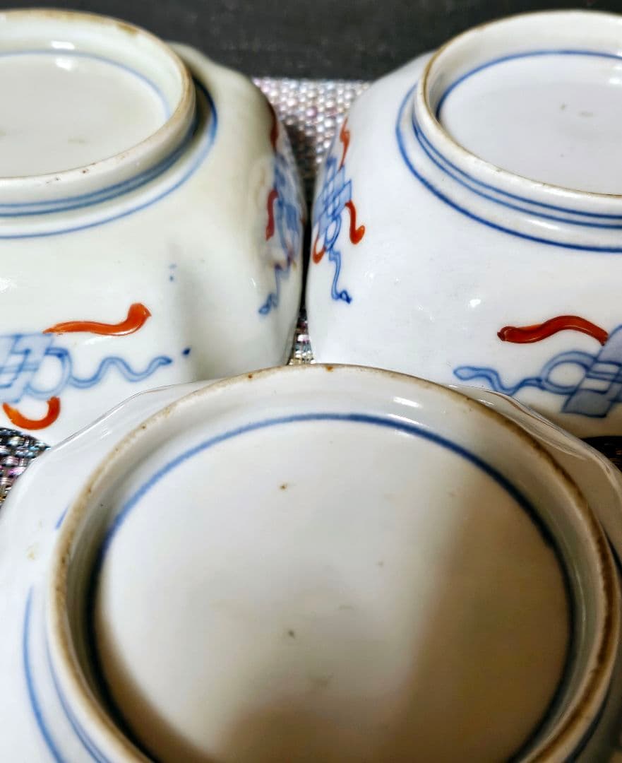 【上作古伊万里❗】江戸末期～明治初期　古伊万里錦手　紫陽花図　四方隅切角鉢　5客