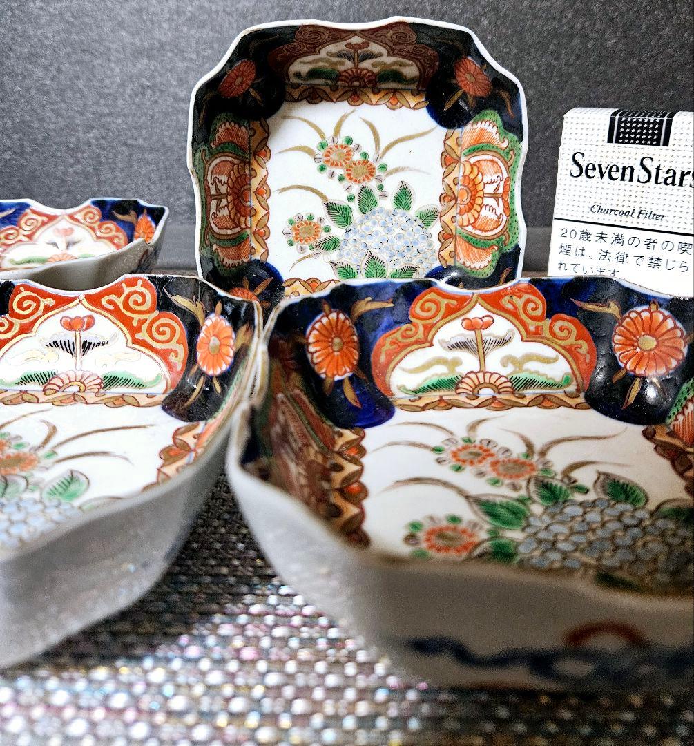 【上作古伊万里❗】江戸末期～明治初期　古伊万里錦手　紫陽花図　四方隅切角鉢　5客