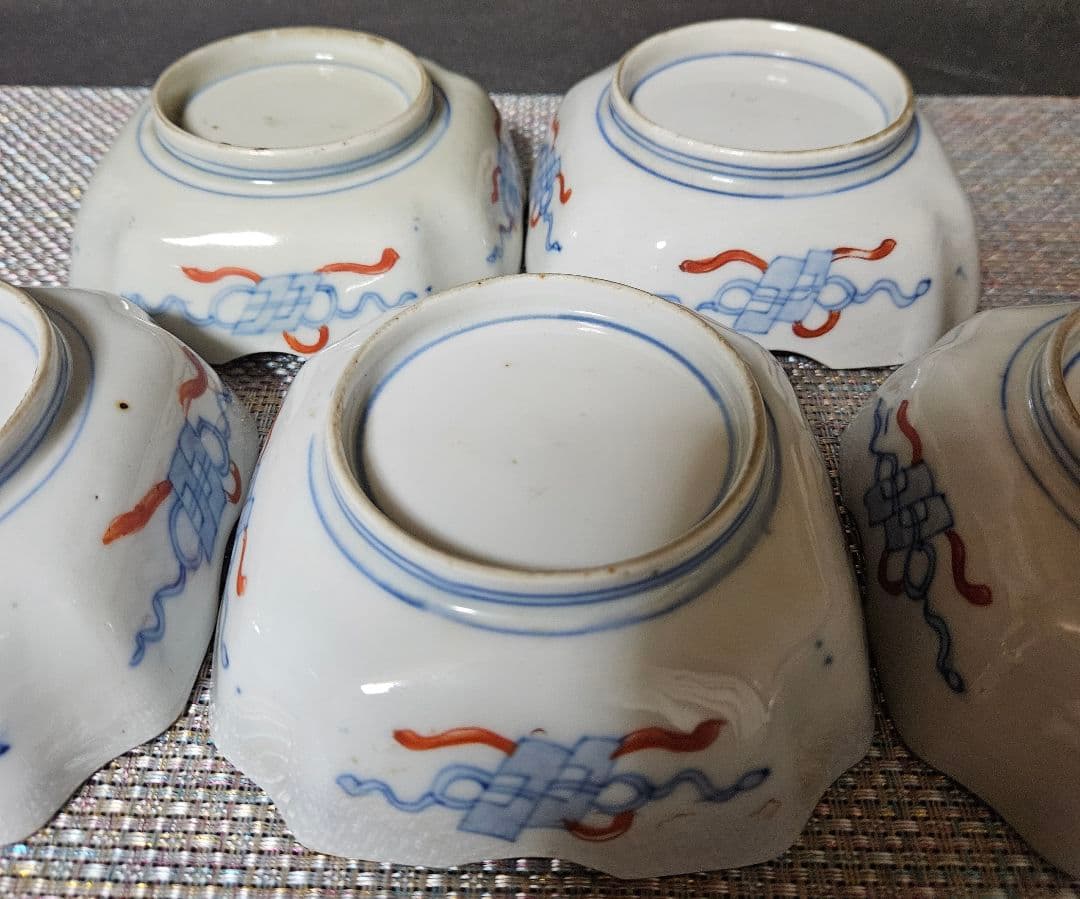 【上作古伊万里❗】江戸末期～明治初期　古伊万里錦手　紫陽花図　四方隅切角鉢　5客