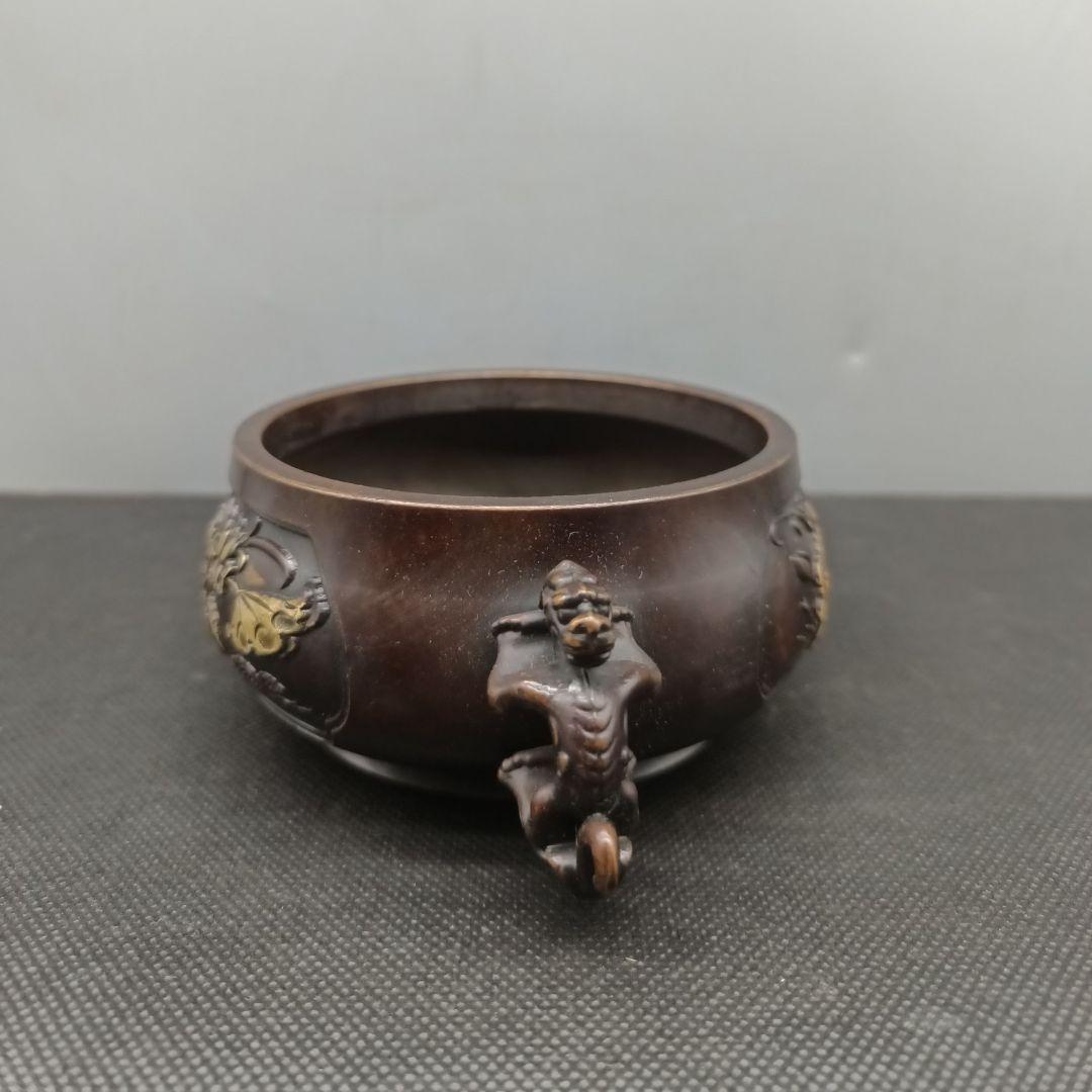 銅器 貔貅ふたつ耳蓮花葉香炉 仏堂供養炉 挿し香炉 香道具 装飾品 工芸品 置物