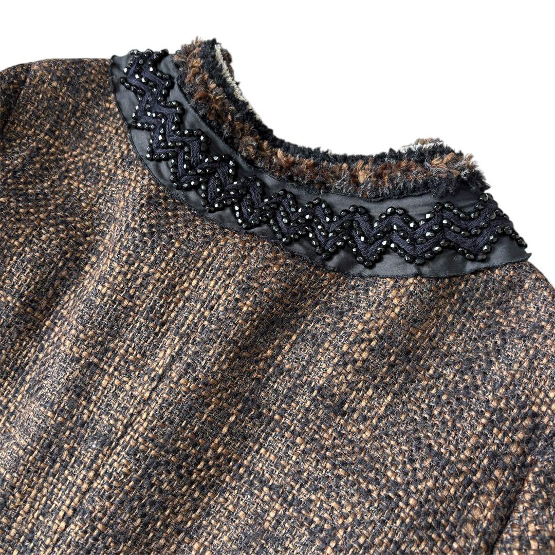 美品 PRADA ツイード ロングコート ビジュー ノーカラー ブラックビーズ