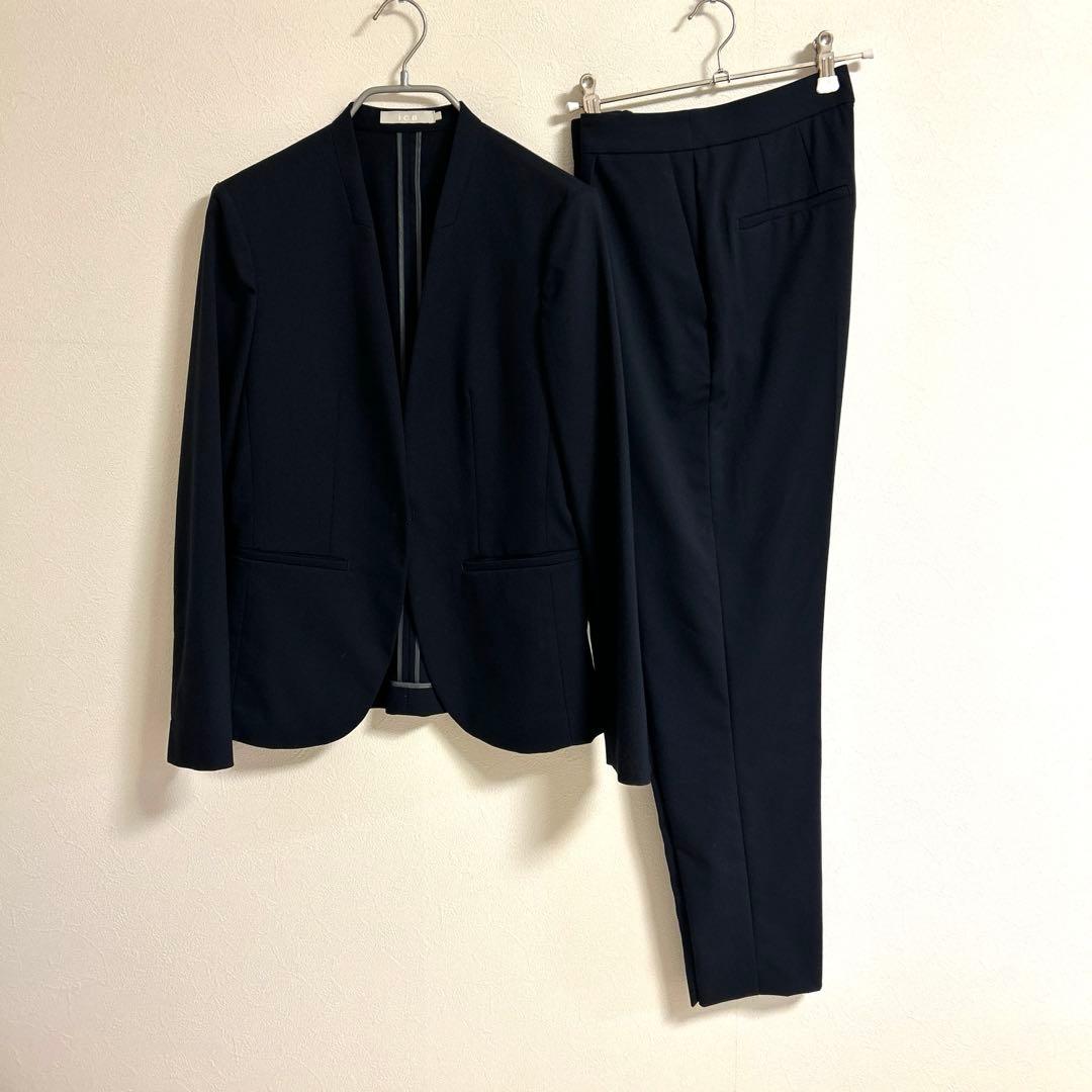 上下セットicb ノーカラージャケット　テーパードパンツ サイズ0 ネイビー