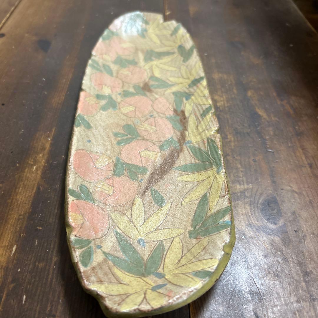 作家　陶芸作家　草花模様　オーバル皿　超長皿　変形皿　椿　1点もの