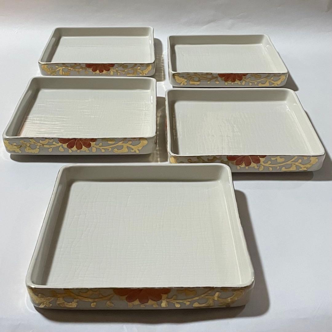 三川内焼　平戸嘉祥窯　金花柄装飾 四角形皿 5枚セット