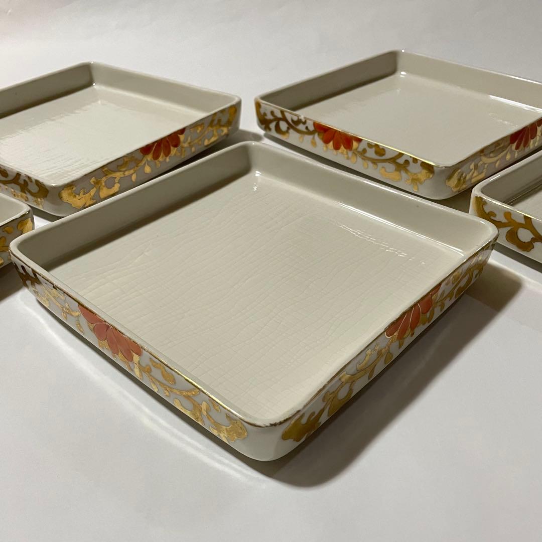 三川内焼　平戸嘉祥窯　金花柄装飾 四角形皿 5枚セット