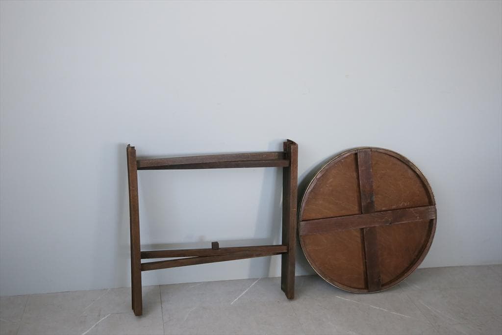 英国アンティーク真鍮製サイドテーブル/木製丸机/折畳式飾り棚/花台(88-157