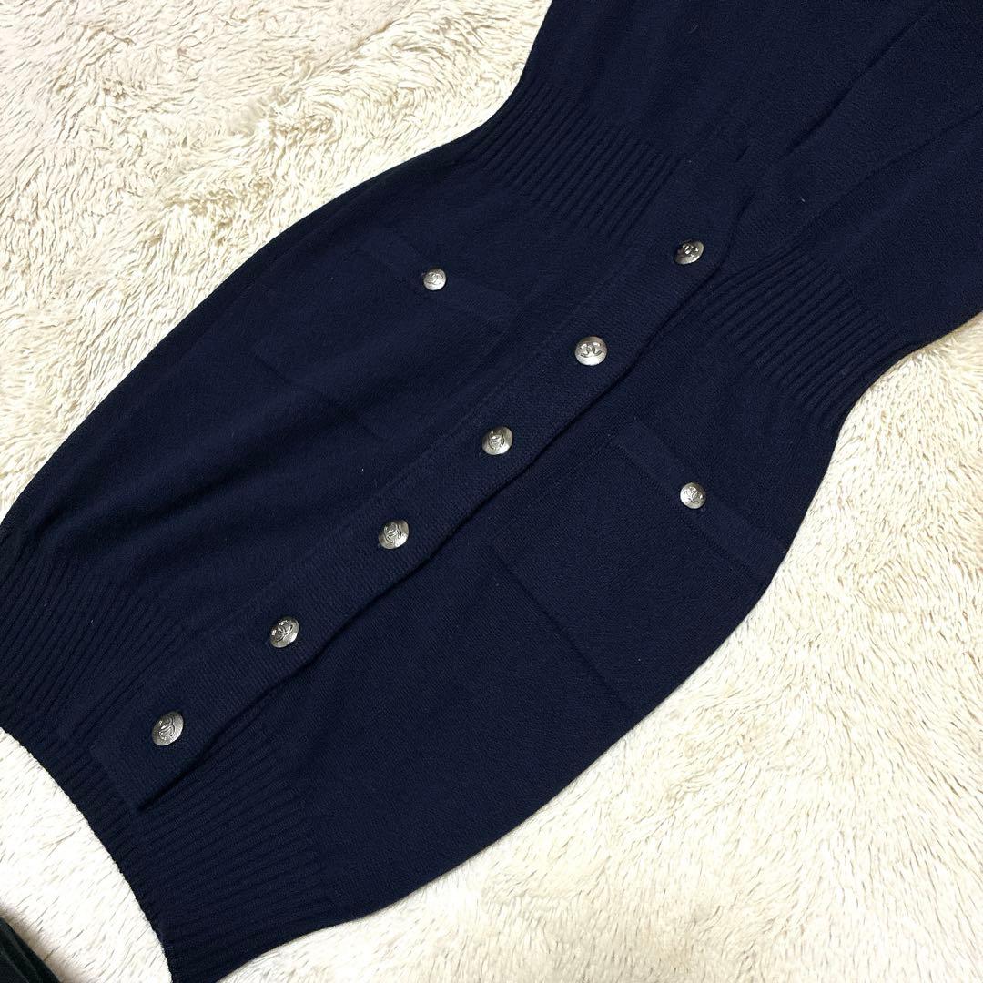 CHANEL ニットワンピース　ココマーク　メタルボタン　34 カシミヤ100%